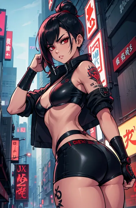 Artwork, une fille, gangster, Yakuza, tatouage sur tout le corps, dominant, regard agressif, Red eyes, black hair tied, two sabers in the back, cyberpunk dark fantasy