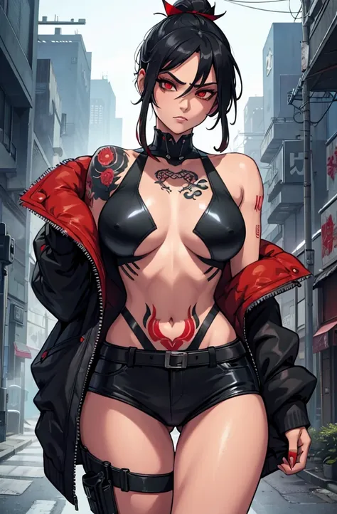 Artwork, une fille, gangster, Yakuza, tatouage sur tout le corps, dominant, regard agressif, Red eyes, black hair tied, two sabers in the back, cyberpunk dark fantasy