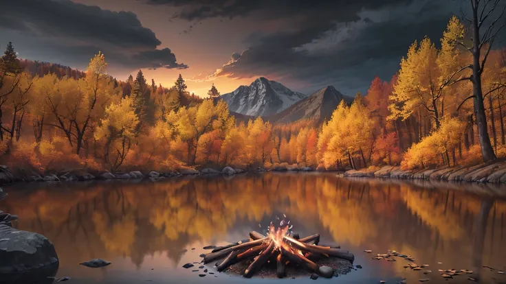 A serene autumn landscape, a cozy campfire, tents nestled among golden trees, a tranquil lake reflecting the vibrant foliage, hikers exploring the scenic trails, warm campfire glow, moody cloudy sky, beautiful fall colors, detailed texture of leaves and ba...