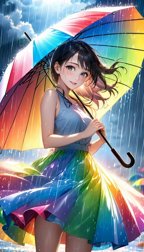 masterpiece, Highest quality, Realistic, Very detailed, In detail, High resolution, 8k wallpaper, One beautiful woman, Flashy and dynamic depiction, Beautiful woman having fun with an umbrella, Like a scene from a movie, Rainbow-colored rain pours down, sp...