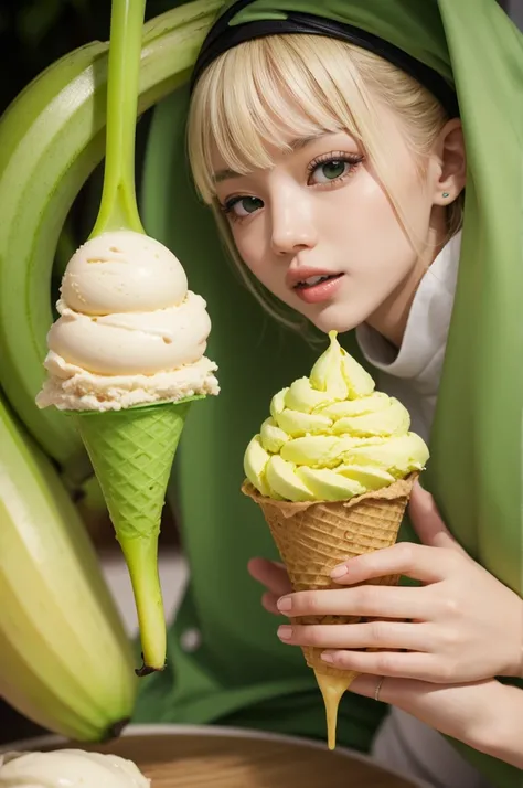 Create a green banana against a yellow ice cream 