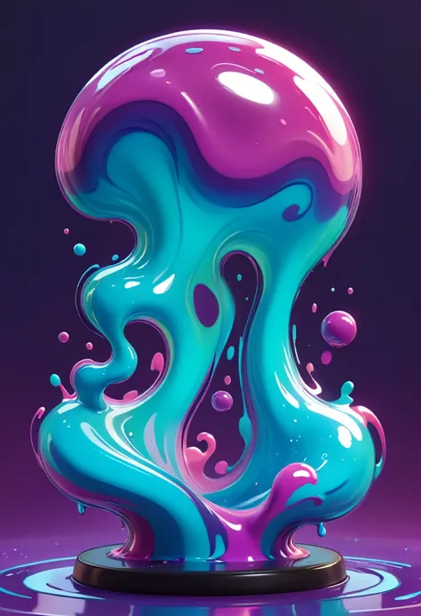 Colorful slime slowly oozing and stretching across a smooth surface. The slime is vibrant with swirling patterns of neon colors, creating a mesmerizing effect. The texture is glossy and slightly translucent, reflecting light as it moves. The background is ...