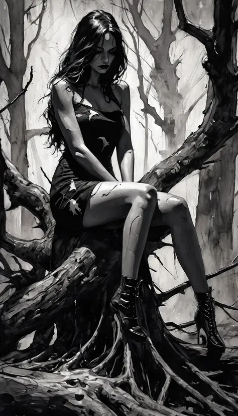 a large dry tree, crows, a sexy monster girl with torn clothes sitting at the base of the tree, black and white image, art inspired by Bill Sienkiewicz, crows eroticism, sexy, black and white image, between shadows, oil painting, chiaroscuro, sensual, dram...