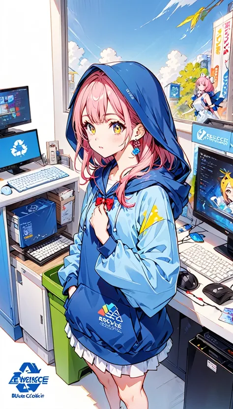 mika pikazo, 1 girl, blue colored eyes, blue hooded cloakie, computer, aretes, hooded cloak, hooded cloakie, jewerly, keyboard (computer), logo, logo parody, mouse (computer), multi colored eyes, pink  hair, recycle bin, standing alone, White background, y...