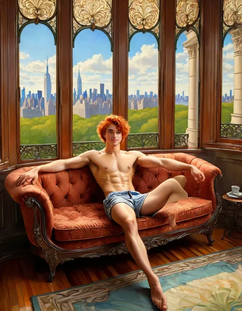 in oil painting romanticism and realism style, full body of a young man sitting on a sofa with his feet open arms extended on the sofa, arrogant look and smile, shirtless barefoot wearing shorts, in an art nouveau deco living room, large windows to see New...