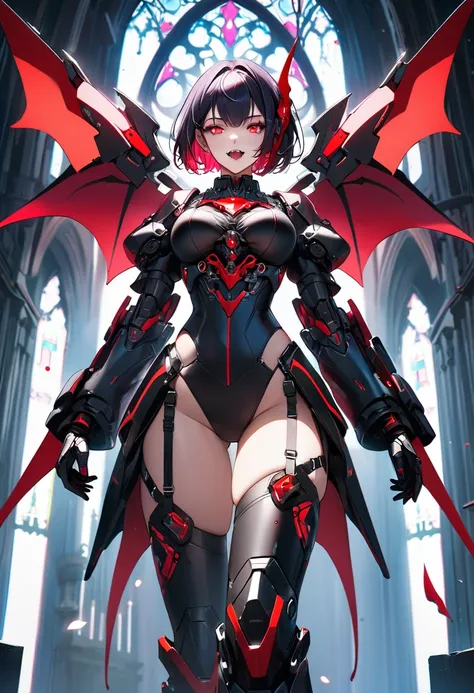 a portrait of mecha female vampire in a dark gothic cyberpunk church, an exotic exquisite beautiful mecha female vampire, dynamic hair color, short hair, dynamic eyes color, intense eyes, (vampire fangs),  glowing eyes, dynamic eyes color, wearing intricat...