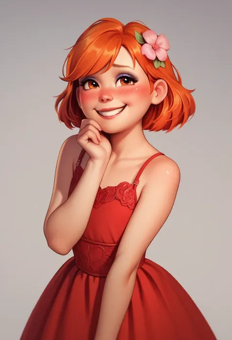 meilinlee, pink flower on hair, orange hair, red dress, makeup, shy smile, blush