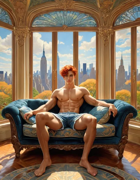 homoerotism illustration , symetric composition, 
in oil painting romanticism and realism style, full body of a young man sitting on a sofa with his feet open arms extended on the sofa, arrogant look and smile, shirtless barefoot wearing shorts, in an art ...