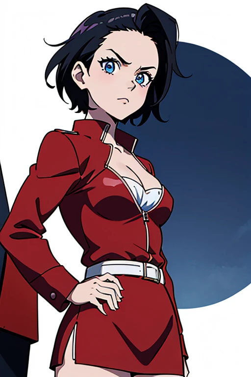 red jacket, black miniskirt, cleavage, cute, (((view from front))), anime, 2D, HD, 8K, 90s style, 1girl, black hair, ((white skin)), , standing, (((cowboy shot))), medium breasts, forehead, serious, blue eyes, short hair,  simple background, kasuki takahas...