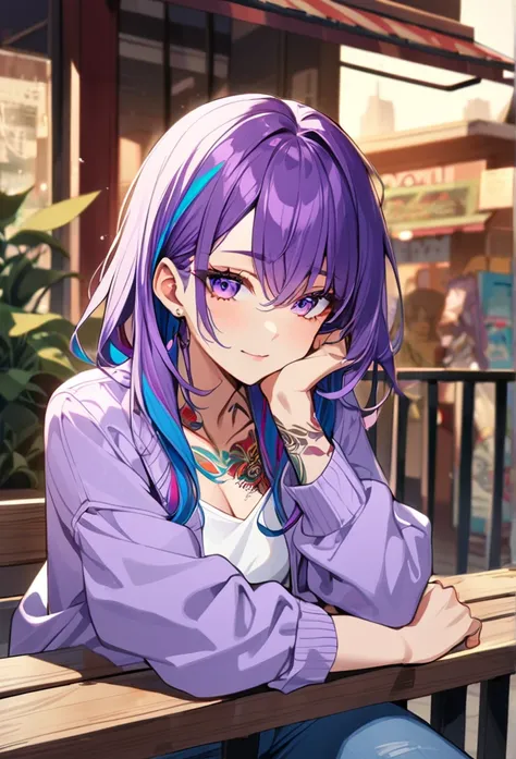 1woman, white and purple hair,multicolored hair, purple eyes, wearing a casual purple jacket, white undershirt, blue jeans, rest head with hand, tattoos on arms, colorful tattoos