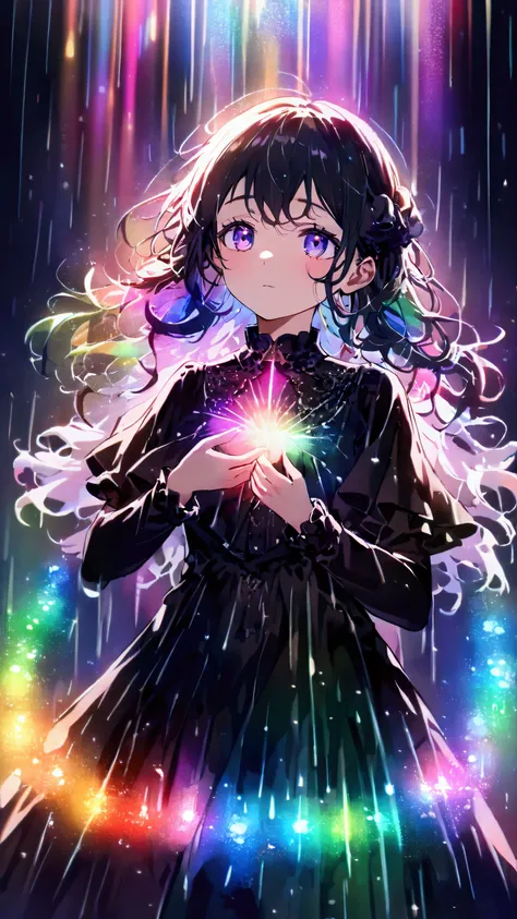 (((Beautiful girl artwork))),Scrunchie hair,Looks about 15 years old、(((Rainbow-colored light rains down)))