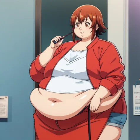 beautiful fat woman, short hair, "kotegawa chisa" red short-sleeved jacket, medium breasts, white shirt, blue cap, body plus,