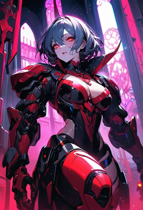 a portrait of mecha female vampire in a dark gothic cyberpunk church, an exotic exquisite beautiful mecha female vampire, dynamic hair color, short hair, dynamic eyes color, intense eyes,  glowing eyes, dynamic eyes color, wearing intricate mech armor, del...