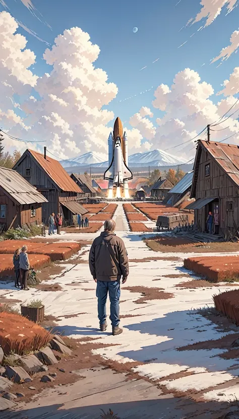 Space Shuttle in Rusty Field, landscape village, people standing, photorrealistic, Simon Stenhag style