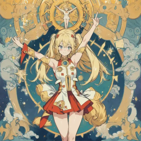 A shy and cute 14 year old blonde girl stretches her arms and legs out in a pose similar to Vitruvian Man.。Anime Art。