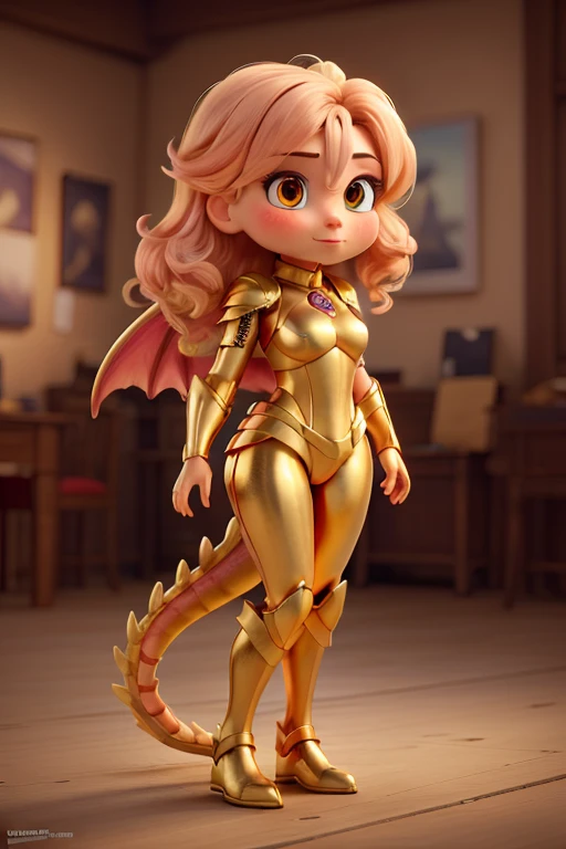 ((best qualityer)), ((work of art)), (detailded), 1 girl, Dragon woman, long golden hair, golden armour, golden dragon knight, golden wings, pinky skin, Eyes red, legs thick, blush cheeks, golden giant sword