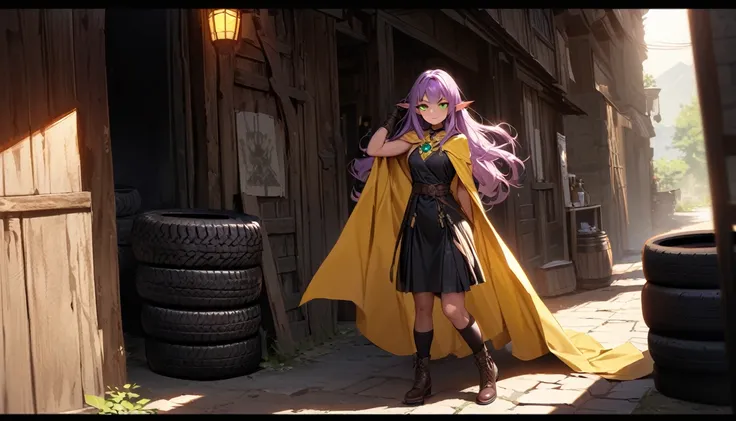 Noble Elf, гMasterpiece, good quality, (1_woman), (Full body), (exotic skin_Complexion), tires, Stand, Nice, exotic, with long elf ears, ((looking away from camera)), big smile, ((Hands above the head)), Carry (((yellow))) hooded cloak), Hood down, (((yell...