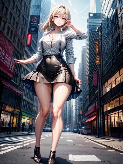 ((High resolution)), ((Lighting and color)), ((masterpiece)), ((Blue eyes)), Young woman with blue eyes., Straight blonde hair, The wind blew it away and it got a little messy., Standing lightly on a bustling city street. She wears a loose-fitting white bu...