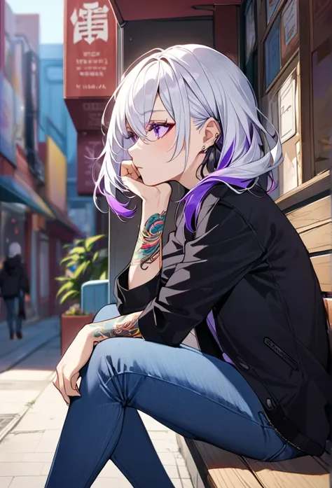 1woman, white hair with purple tips, purple eyes, wearing a casual black jacket, purple undershirt, blue jeans, rest head with hand, tattoos on arms, colorful tattoos