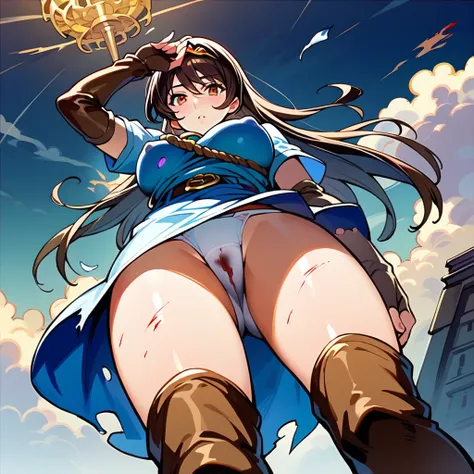 (Kai open thighs),(shoot from below),wind from below,(white panties),Gold Tiara,To,score_9,score_8_superior,score_7_superior,sauce_anime,One girl,alone,looTong at viewer,short dress,Short sleeve,Brown gloves,Elbow hand pockets,Fingerless gloves,belt,Thigh-...