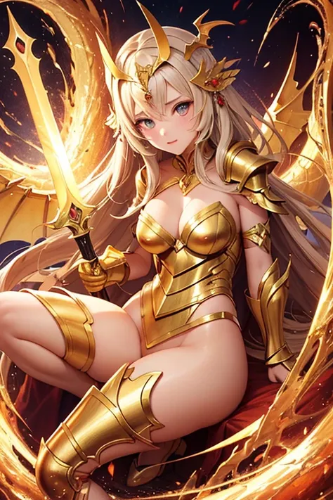 ((best qualityer)), ((work of art)), (detailded), 1 girl, Dragon woman, long golden hair, golden armour, golden dragon knight, golden wings, pinky skin, Eyes red, legs thick, blush cheeks, golden giant sword