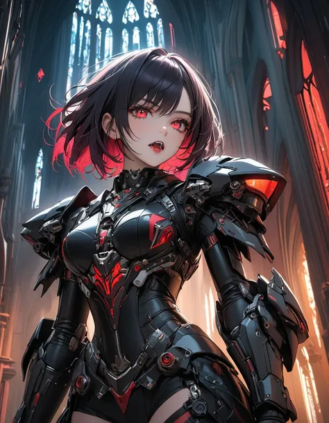 a portrait of mecha female vampire in a dark gothic cyberpunk church, an exotic exquisite beautiful mecha female vampire, dynami...