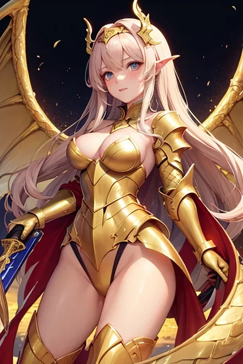 ((best qualityer)), ((work of art)), (detailded), 1 girl, Dragon woman, long golden hair, golden armour, golden dragon knight, golden wings, pinky skin, Eyes red, legs thick, blush cheeks, golden giant sword