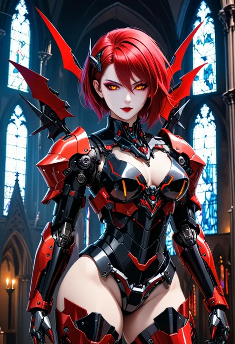 a portrait of mecha female vampire in a dark gothic cyberpunk church, an exotic exquisite beautiful mecha female vampire, dynamic hair color, short hair, dynamic eyes color, intense eyes,  glowing eyes, dynamic eyes color, wearing intricate mech armor, del...