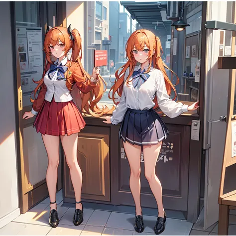 Highest quality,A perfect masterpiece,Perfect artwork,Official Works,8k,, Fashion Trends,High resolution,Detailed Expression,Octane Rendering,Ray Tracing,Intricate details,Animation lighting,Anime girl、One person、Female student、orange long hair、Twin tails、...