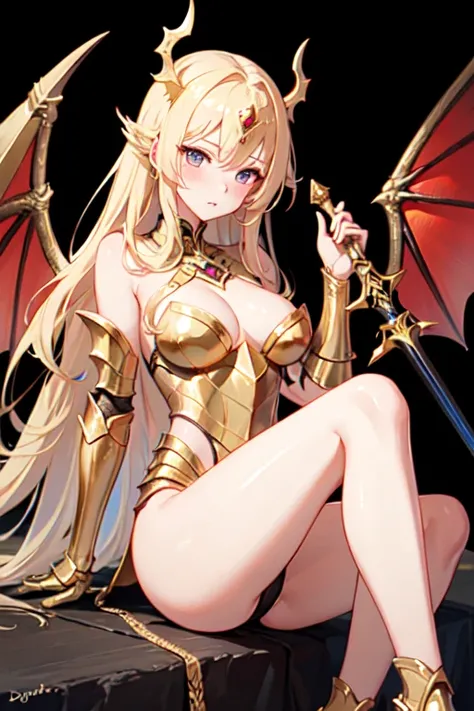 ((best qualityer)), ((work of art)), (detailded), 1 girl, Dragon woman, long golden hair, golden armour, golden dragon knight, golden wings, pinky skin, Eyes red, legs thick, blush cheeks, golden giant sword