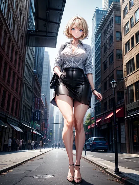 ((High resolution)), ((Lighting and color)), ((masterpiece)), ((Blue eyes)), Young woman with blue eyes., Straight blonde hair, The wind blew it away and it got a little messy., Standing lightly on a bustling city street. She wears a loose-fitting white bu...