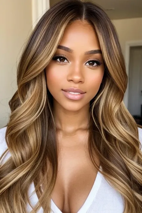 Light skin mixed woman with golden blond hair and brown hair beautiful face