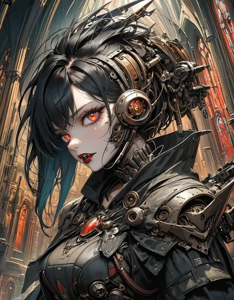 a portrait of mecha female vampire in a dark gothic cyberpunk church, an exotic exquisite beautiful mecha female vampire, dynami...