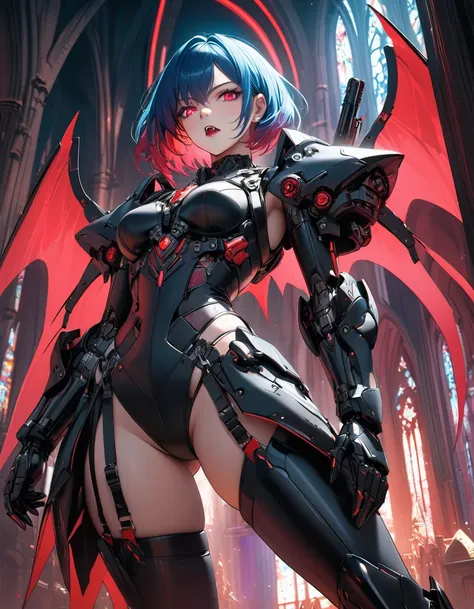 a portrait of mecha female vampire in a dark gothic cyberpunk church, an exotic exquisite beautiful mecha female vampire, dynami...