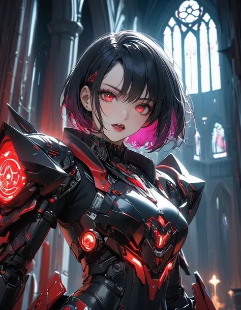 a portrait of mecha female vampire in a dark gothic cyberpunk church, an exotic exquisite beautiful mecha female vampire, dynami...