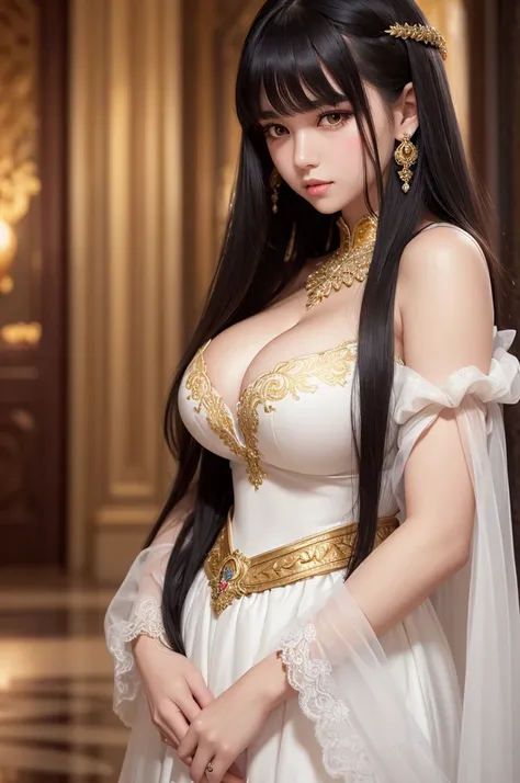 ((detailed artwork)). fair-skinned girl with extremely long white cropped hair with bangs and thick, short eyebrows, having sharp big golden eyes and long eyelashes, having big breasts and wearing a white royal dress.