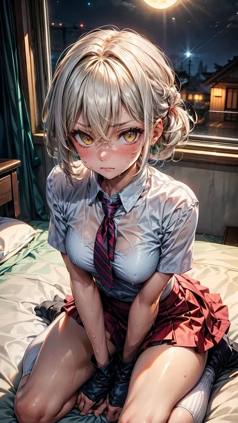 Young girl 18 years old, Short milky white hair, hair flower, bangs between eyes, yellow  eyes, cold look and evil expression. White school top, red skirt, black thigh high socks. slim but well proportioned body, medium breasts. On your knees on the bed, k...