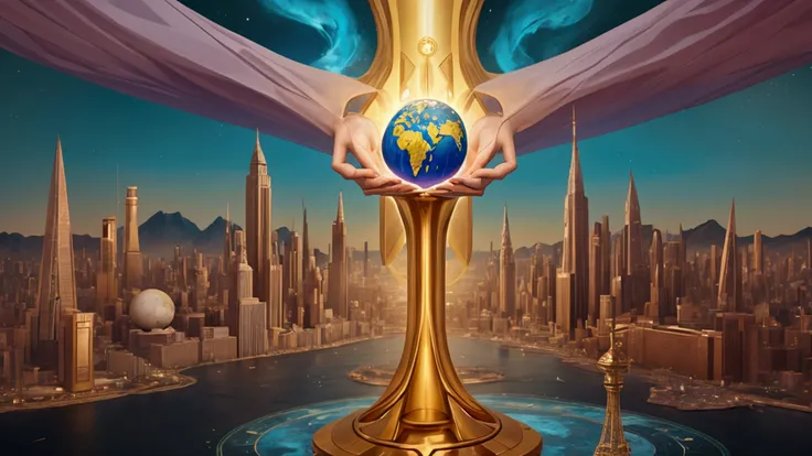 "Description: Illustrate the concept of a powerful, centralized global authority that may represent the one-world system predicted in Revelation. Focus on the unification of economic and political systems.

Details: Use a color palette with futuristic and ...