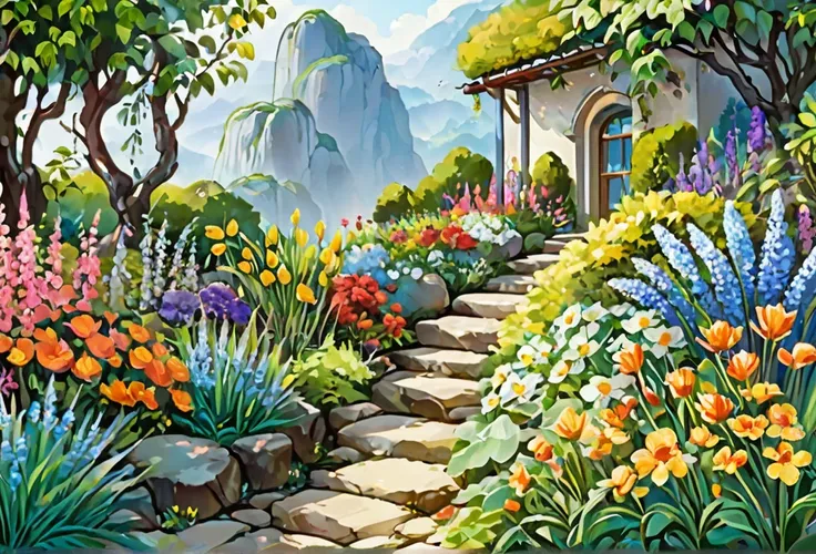 Part way in, with beautiful garden, rocks, 
 (masterpiece best quality:1.2) delicate illustration ultra-detailed, illustrations, bright, colourful, 