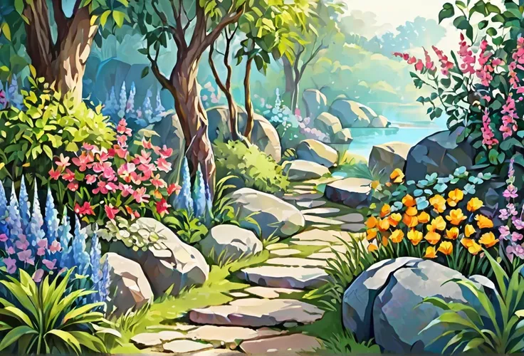 Part way in, with beautiful garden, rocks, 
 (masterpiece best quality:1.2) delicate illustration ultra-detailed, illustrations, bright, colourful, 