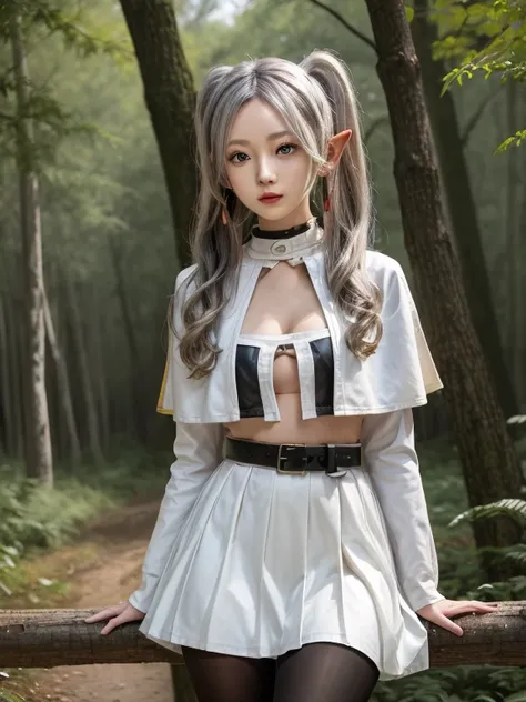 masterpiece, best quality, absurdres, 1girl, solo, FrierenBase, long hair, twintails, earrings, white capelet, striped shirt, horizontal stripes, long sleeves, belt, white skirt, gold-trim, black pantyhose, arms behind back, outdoors, forest, 