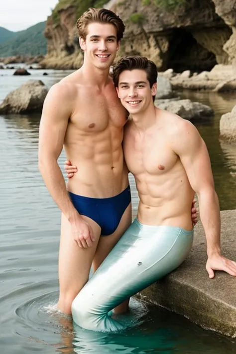 A young cute skinny white handsome mermaid saved another handsome man