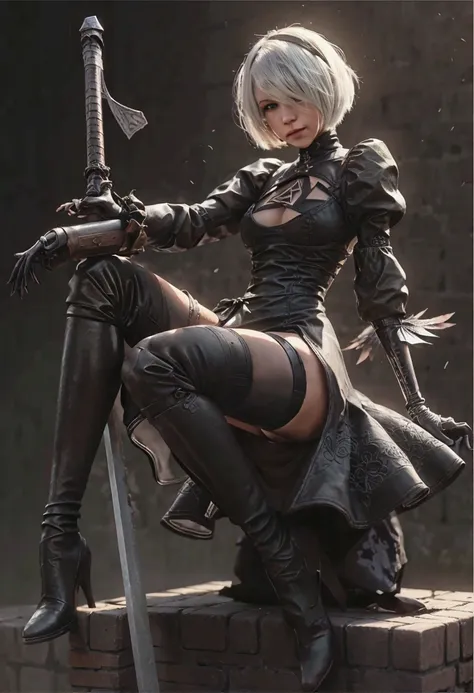 a woman in black clothes is sitting on a brick wall with a sword, 2b ..., 2b, 2b nier automata, magnificent and elaborate charac...