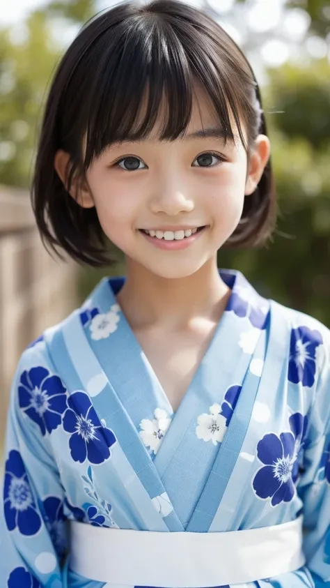 11 year old girl　Japanese　Light blue yukata　Realistic Skin　The tongue is sticking out mischievously.