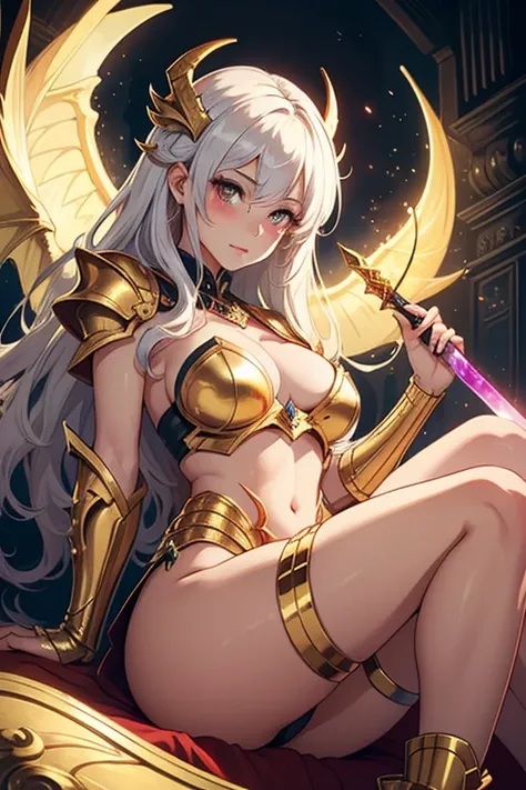 ((best quality)), ((Artwork)), (detailded), 1 girl, Dragon woman, cabellos largos dorados, golden armour, Golden Dragon Knight, golden wings, pinky skin, Eyes red, legs thick, blush cheeks, golden giant sword