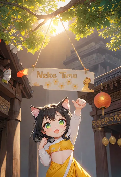 cat girl, chibi, in a yellow silk sari, a lot of decorations, black hair, green eyes, queen, reaches for the sign, which hangs on a tree, green tree, rendering, anime фоновое искусство, Pixiv competition winner, Anime girl with cat ears cute!! chibi!!! cat...