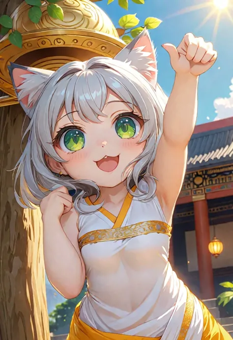 cat girl, chibi, in a yellow silk sari, a lot of decorations, black hair, green eyes, queen, reaches for the sign, which hangs on a tree, green tree, rendering, anime фоновое искусство, Pixiv competition winner, Anime girl with cat ears cute!! chibi!!! cat...