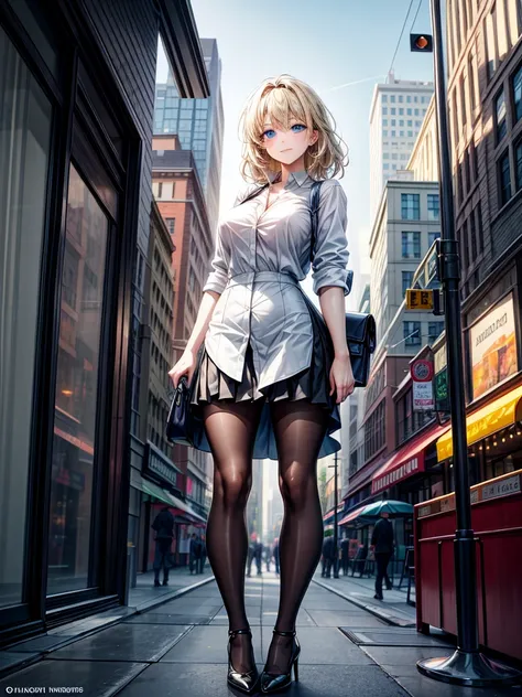 ((High resolution)), ((Lighting and color)), ((masterpiece)), ((Blue eyes)), Young woman with blue eyes., Straight blonde hair, The wind blew it away and it got a little messy., Standing lightly on a bustling city street. She wears a loose-fitting white bu...