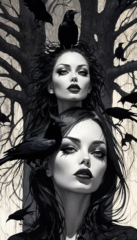 a large dry tree, crows, a sexy monster girl with torn clothes sitting at the base of the tree, black and white image,very long hair, art inspired by Bill Sienkiewicz, crows eroticism, sexy, black and white image, a lot of crows(best quality,4k,8k,highres,...