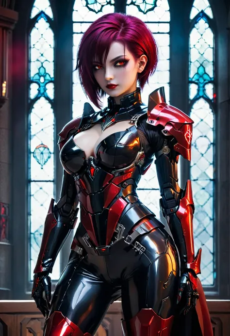 a portrait of mecha female vampire in a dark gothic cyberpunk church, an exotic exquisite beautiful mecha female vampire, dynamic hair color, short hair, dynamic eyes color, intense eyes,  glowing eyes, dynamic eyes color, wearing intricate mech armor, del...